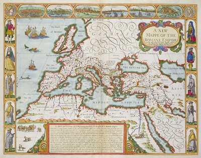 Nowa mapa Imperium Rzymskiego, z „Perspektywy najsłynniejszych części świata”, wyd. Bassett und Chiswell, 1676 (ręcznie barwiony grawer na tabliczkach) autorstwa John Speed
