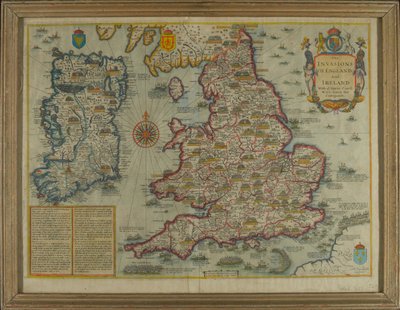 Mapa przedstawiająca inwazje na Anglię i Irlandię ze wszystkimi ich [sic] wojnami cywilnymi od czasu podboju, ok. 1627 r. (ręcznie barwione grawerunki) autorstwa John Speed