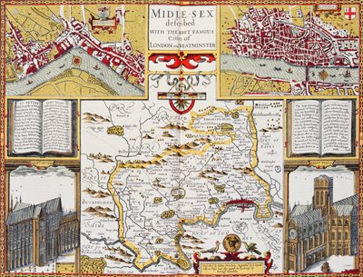 Średniej płci opisany z najsłynniejszymi miastami Londynu i Westminsteru, z „Teatru Imperium Wielkiej Brytanii” Speeda, 1611-12 (ręcznie barwiony miedzioryt) autorstwa John Speed