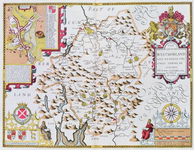 Hrabstwo Westmorland, rytowane przez Jodocusa Hondiusa (1563-1612) z John Speeds Theatre Imperium Wielkiej Brytanii, wyd. autorstwa Johna Sudbury i George