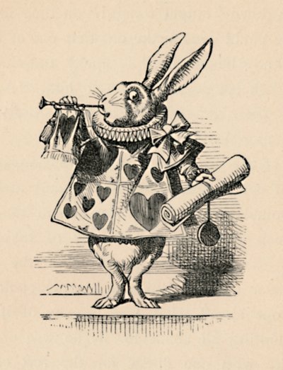 Królik jako urzędnik dworski dmący w trąbę na ogłoszenie, 1889 autorstwa John Tenniel