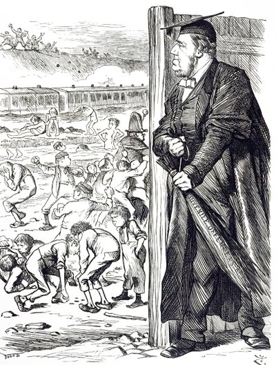 Karykatura przedstawiająca Williama Vernona Harcourta (1827-1904), który gdy minister spraw wewnętrznych zalecił wprowadzenie brzozy zamiast aresztu dla młodocianych przestępców. Ilustrowane przez Johna Tenniela (1820-1914), angielskiego ilustratora, grafi autorstwa John Tenniel