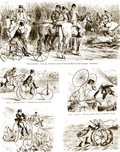 Karykatura przedstawiająca mężczyznę polującego na trójkołowym rowerze. Ilustrowane przez Johna Tenniela (1820-1914), angielskiego ilustratora, grafika humorystycznego i rysownika politycznego autorstwa John Tenniel