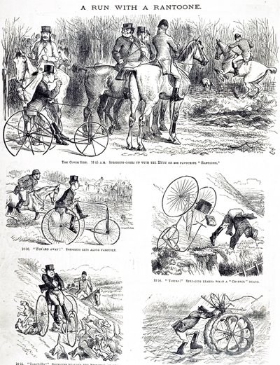 Karykatura przedstawiająca mężczyznę polującego na trójkołowym rowerze. Ilustrowane przez Johna Tenniela (1820-1914), angielskiego ilustratora, grafika humorystycznego i rysownika politycznego autorstwa John Tenniel