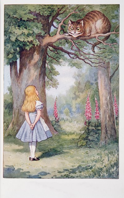Alicja i kot z Cheshire, Alicja w krainie czarów i przez lustro i co Alicja tam znalazła, Lewis Carroll (1832 - 98), opublikowana w 1911 (kolorowa litografia) autorstwa John Tenniel