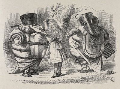 Alice przebiera Tweedledee i Tweedledum. autorstwa John Tenniel
