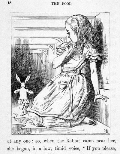 Alice et le rabbit – w „Przygodach Alicji w Krainie Czarów i przez lustro” Lewisa Carrolla, il. John Tenniel (1820-1914) autorstwa John Tenniel