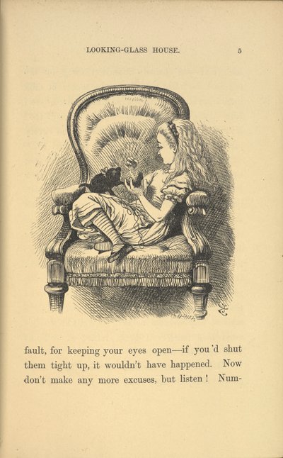 Alicja siedzi na krześle bawiąc się z kotkiem. autorstwa John Tenniel