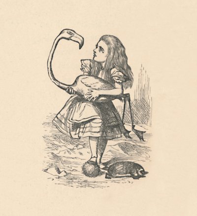 Alicja próbuje grać w krokieta z flamingiem jako młotkiem, 1889 autorstwa John Tenniel
