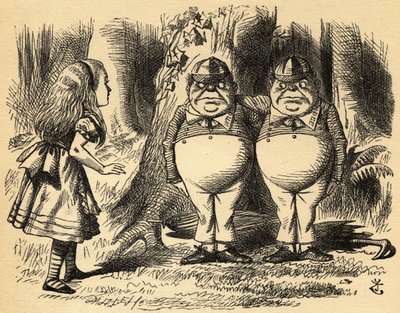 Alicja z Tweedledum i Tweedledee. Ilustracja autorstwa Sir Johna Tenniela autorstwa John Tenniel