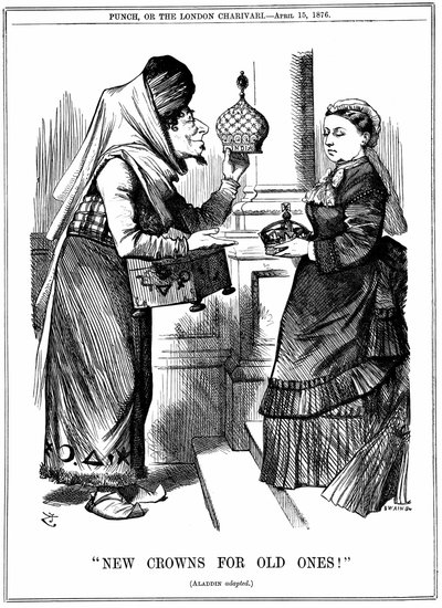 Benjamin Disraeli ofiarowuje koronę Indii królowej Wiktorii. Została ogłoszona cesarzową Indii 1 maja 1876 r. Karykatura Johna Tenniela z Punch London 15 kwietnia 1876 r. autorstwa John Tenniel