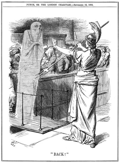 Britannia powstrzymująca cholerę w portach brytyjskich, 1892 autorstwa John Tenniel