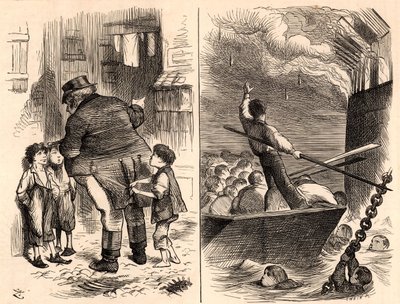 Spalenie okrętu szkoleniowego Royal Navy „Goliath” autorstwa John Tenniel