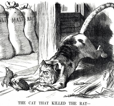 Karykatura komentująca zniesienie podatku słodowego w 1880 r. autorstwa John Tenniel