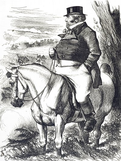 Kreskówka przedstawiająca Johna Bulla oglądającego jesienne manewry autorstwa John Tenniel