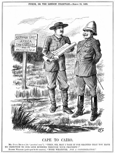 Cecil John Rhodes (1852-1902) południowoafrykański mąż stanu urodzony w Anglii, prosząc niemieckiego cesarza o pozwolenie na prowadzenie linii telegraficznej przez niemiecką Afrykę Wschodnią. Cape To Cairo, rysunek Johna Tenniela z „Punch”, Londyn, 22 marc autorstwa John Tenniel