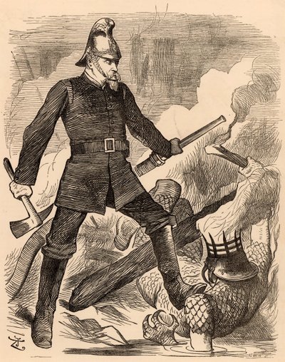 Eyre Massey Shaw walczący z ogniem, z „Punch” Londyn, 20 sierpnia 1887 (grawerowanie) autorstwa John Tenniel
