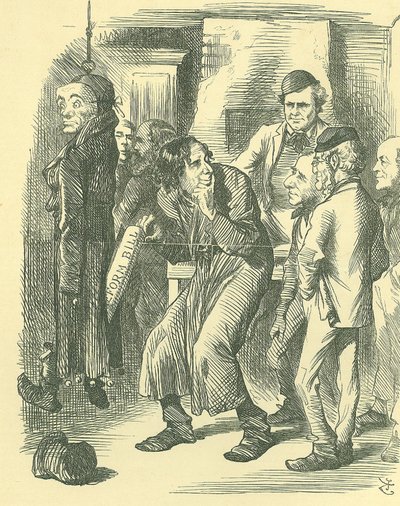 Szkoła Polityczna Fagina: Reforma Parlamentu - rozszerzenie franczyzy. Disraeli przeprowadził ustawę reformatorską przez Izbę Gmin w 1867 r., twierdząc, że zaakceptował prawodawstwo. Tutaj jest pokazany, jak wyciąga go z kieszeni Lorda Johna Russella. autorstwa John Tenniel