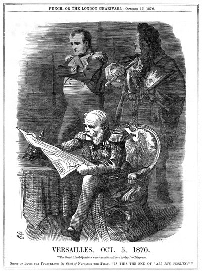 Wojna francusko-pruska 1870-1871: Odcienie Ludwika XIV i Napoleona I opłakują zanikanie chwały Francji. 5 października 1870 Wilhlem I, król pruski, uczynił swoją siedzibę w Wersalu, a 18 stycznia został ogłoszony cesarzem Niemiec w Sali Lustrzanej autorstwa John Tenniel