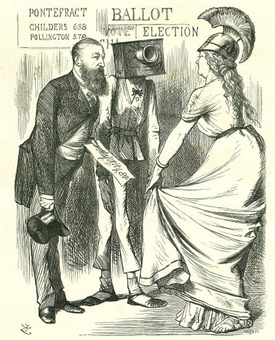 Hugh Childers (1827-1896) brytyjski parlamentarzysta, opowiadający Brytani o sukcesie nowej urny wyborczej. Karykatura Johna Tenniela z „Punch”, Londyn, 24 sierpnia 1872 r. autorstwa John Tenniel