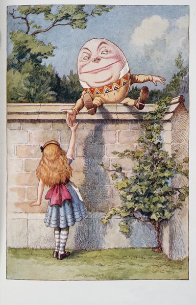 Humpty Dumpty, z Przygód Alicji w krainie czarów i Przez szkiełko patrzące i co Alicja tam znalazła, Lewisa Carrolla (1832 - 98), wyd. 1911 (litografia kolorowa) autorstwa John Tenniel