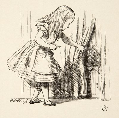 Patrząc za kurtynę, z Alicji w krainie czarów Lewisa Carrolla (1832 - 98), wyd. 1891 autorstwa John Tenniel