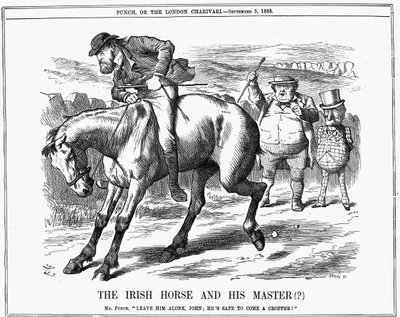 Pan Punch mówi Johnowi Bullowi, aby zignorował Charlesa Stewarta Parnella (1846-1891), irlandzkiego polityka, ponieważ z pewnością pojawi się na irlandzkim koniu. Karykatura Johna Tenniela z Punch London 5 września 1885. Grawerowanie autorstwa John Tenniel
