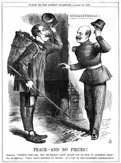Napoleon III, cesarz Francji 1852-1870, przebrany za zbieracza szmat (chiffonnier), ostrzeżony przez kanclerza pruskiego Otto von Bismarcka. Ambicje terytorialne Napoleona doprowadziły do wojny francusko-pruskiej w latach 1870-71. Karykatura Johna Tenniela autorstwa John Tenniel