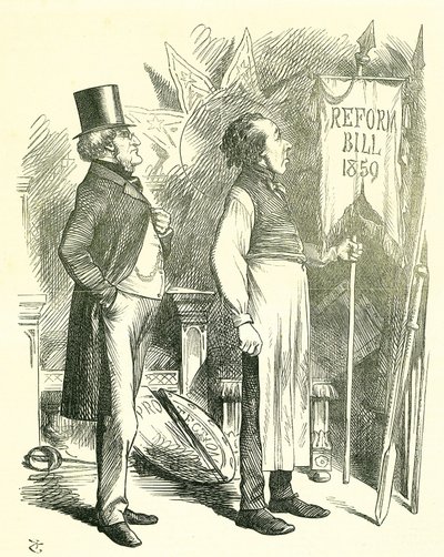 Ekonomia polityczna: reforma parlamentu - rozszerzenie franczyzy. Disraeli (kanclerz) i Derby (premier) odkurzają ustawę reformatorską. W 1867 Disraeli wprowadził nową ustawę. Kreskówka Johna Tenniela z Punch w Londynie autorstwa John Tenniel