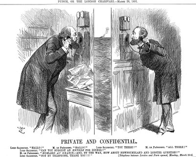 Prywatne i poufne, otwarcie anglo-francuskiej linii telefonicznej, 1891 autorstwa John Tenniel