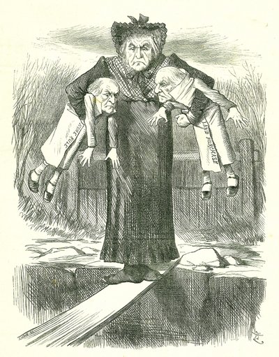 Set Down Two, and Carry One.?: Gladstone, brytyjski premier, zastanawia się, który z kontrowersyjnych irlandzkich rachunków należy wyrzucić. Karykatura Johna Tenniela z Punch, Londyn, 3 kwietnia 1886. autorstwa John Tenniel