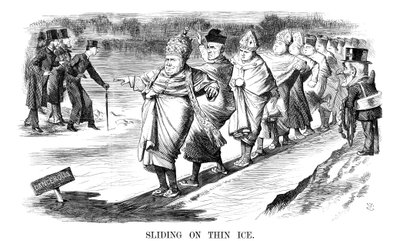 Poślizg na cienkim lodzie, 1869 autorstwa John Tenniel