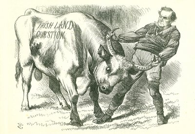 Przyjmowanie (irlandzkiej) bulli za rogi: ustawa uchwalona przez parlament 15 lutego 1870 r. i otrzymana 8 lipca br. William Gladstone, premier, zajmujący się tą kwestią. Karykatura Johna Tenniela z Punch, Londyn, 26 lutego 1870. autorstwa John Tenniel