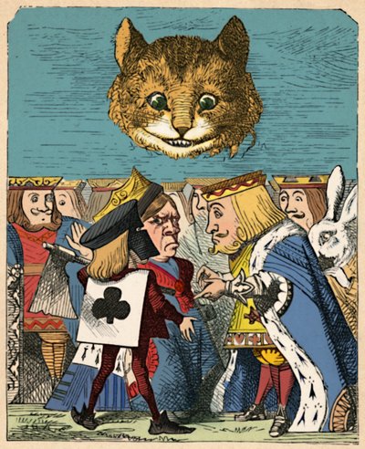Kot z Cheshire patrzący w dół na kłótnię Czerwonego Króla i Królową, 1889 autorstwa John Tenniel