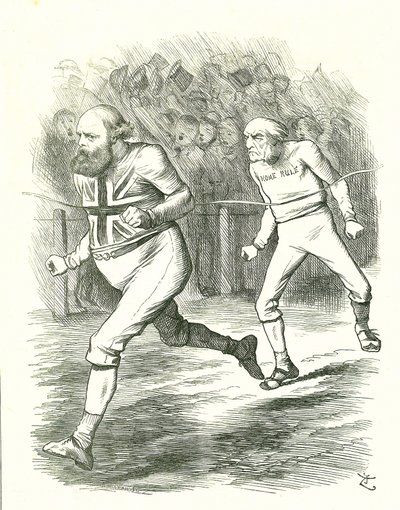 Finisz: wybory powszechne 1886. Gladstone (liberał) udał się do kraju z powodu ustawy o rządzie własnym Irlandii. Salisbury (konserwatywna opozycja) pokonuje Gladstone do mety. Kreskówka Johna Tenniela z Punch w Londynie autorstwa John Tenniel