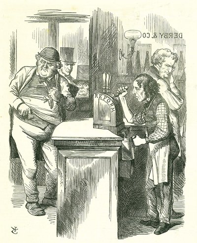 The Honest Pot Boy: Reform of Parliament - rozszerzenie serii. Disraeli zaserwował Reformę Johnowi Bullowi obserwowanemu przez jego parlamentarną opozycję. Przedstawił i niósł swoją ustawę reformatorską. Kreskówka Tenniel z Punch, Londyn autorstwa John Tenniel