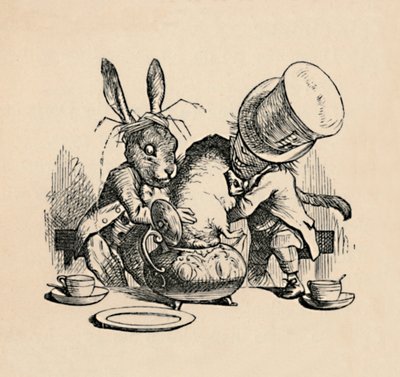 Szalony Kapelusznik i Marcowy Zając próbują włożyć popielicę do czajnika, 1889 autorstwa John Tenniel