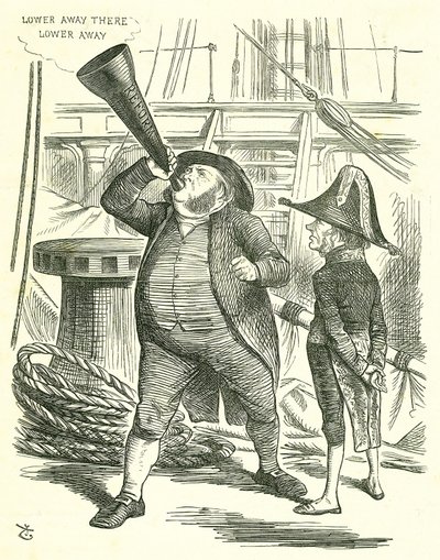 The Officious Passenger: Reforma Parlamentu - rozszerzenie franczyzy. Premier, lord John Russell, prosił Johna Brighta, by przestał trąbić o ustawie reformatorskiej. Russell pokonany przez parlament na podstawie ustawy reformatorskiej w maju 1866 r. John T autorstwa John Tenniel
