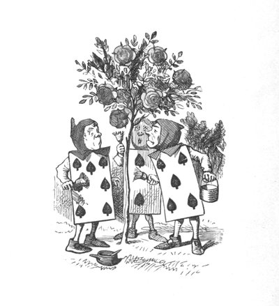 Karty do gry malujące krzaki róż, 1889 autorstwa John Tenniel
