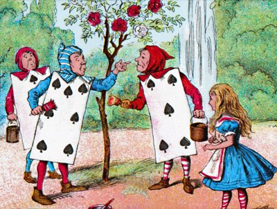 Karty do gry malujące krzaki róż, ok. 1910 r autorstwa John Tenniel