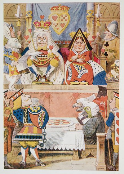 Proces Kawalera Kier, z książki "Przygody Alicji w Krainie Czarów", "Przez szkiełko patrzące i co Alicja tam znalazła" Lewisa Carrolla (1832 - 98), wyd. 1911 (litografia kolorowa) autorstwa John Tenniel