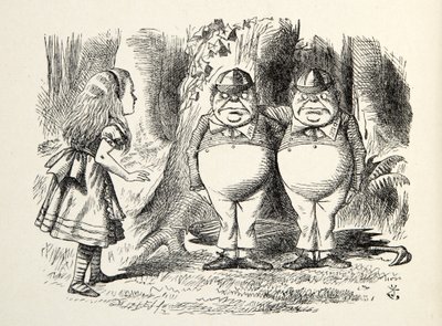 Tweedledum i Tweedledee, ilustracja z książki Po drugiej stronie lustra autorstwa Lewisa Carrolla (1832 - 98), 1872 autorstwa John Tenniel