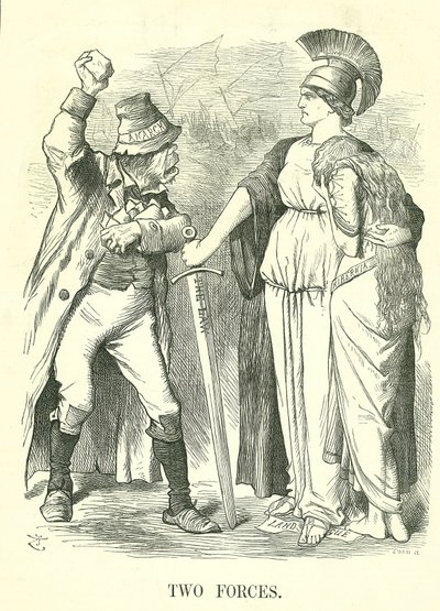 Dwie Siły: Irlandzka Liga Lądowa zabroniona. Britannia chroni Hibernię (Irlandia) Siłą Prawa przed Siłą Anarchii. Karykatura Johna Tenniela z Punch, Londyn, 29 października 1881 r. autorstwa John Tenniel