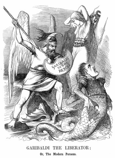 Zjednoczenie Włoch: Giuseppe Garibaldi (1807-1882), włoski patriota, podbija Sycylię i Neapol w imieniu nowego królestwa Włoch. Kreskówka Johna Tenniela z Punch w Londynie autorstwa John Tenniel