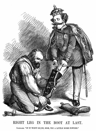 Zjednoczenie Włoch: Giuseppe Garibaldi (1807-1882) pomaga Wiktorowi Emanuelowi II (1820-78) założyć włoski but. Kreskówka Johna Tenniela z Punch w Londynie autorstwa John Tenniel