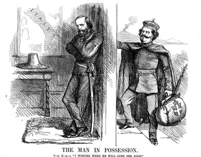 Wiktor Emanuel II puka do drzwi Neapolu, 1861 r. autorstwa John Tenniel