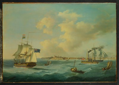 44-działowa fregata, pasażerski parowiec wiosłowy i inne statki z portu St.Peter, Guernsey, 1825 autorstwa John Thomas Serres