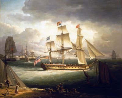 "Royal Sovereign", królewski jacht, zakotwiczony u wybrzeży portu autorstwa John Thomas Serres