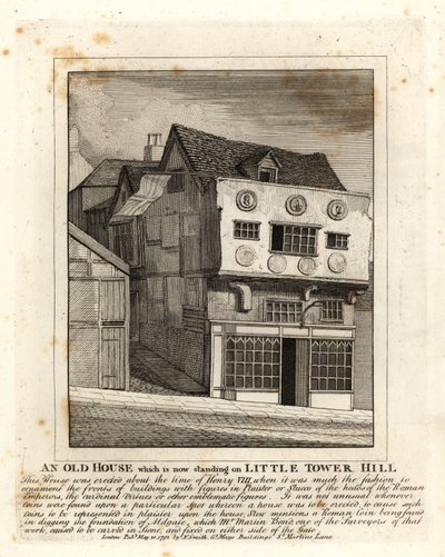 Stary dom Tudorów stojący na Little Tower Hill w Londynie autorstwa John Thomas Smith