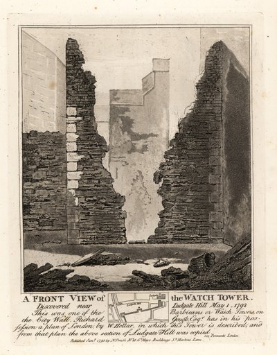 Widok z przodu Strażnicy lub Barbakanu w murze miejskim odkrytego w pobliżu wzgórza Ludgate, 1 maja 1792 r. autorstwa John Thomas Smith